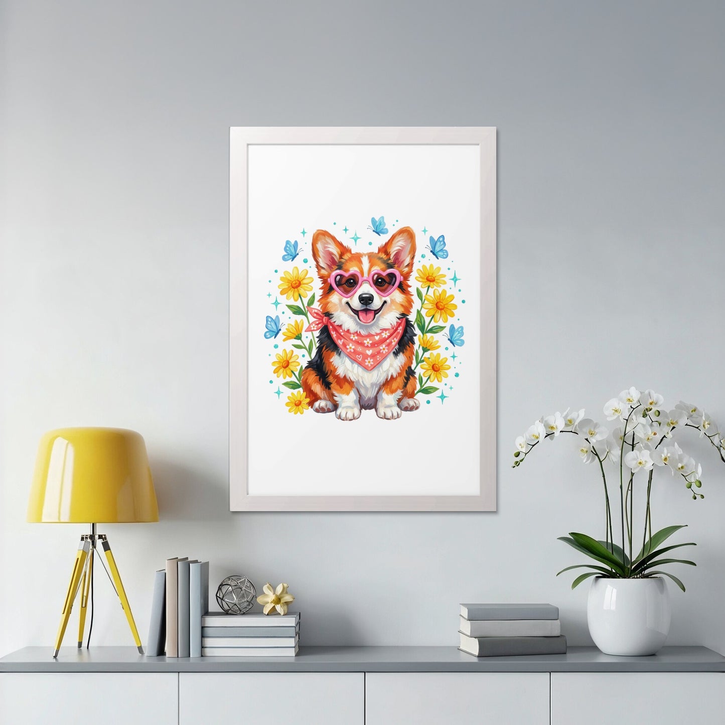 Cute corgi wearing sunglasses and bandana, surrounded by flowers and butterflies.