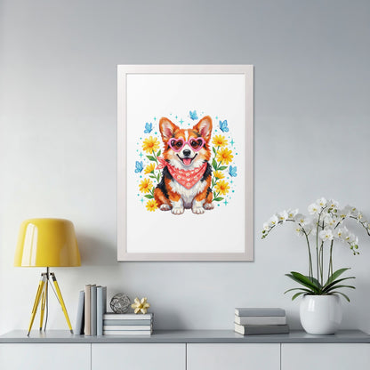 Cute corgi wearing sunglasses and bandana, surrounded by flowers and butterflies.