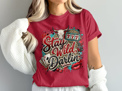 Red t-shirt with "Stay Wild Darlin'" text, cherries, dice, and casino imagery.