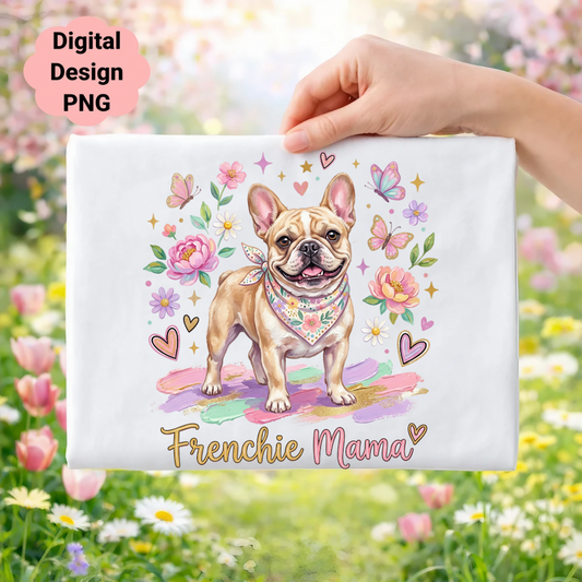 French Bulldog with floral and butterfly accents, "Frenchie Mama" text.