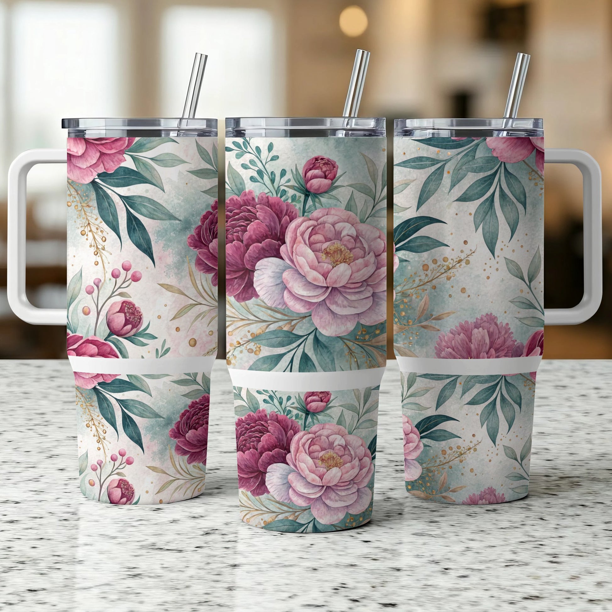 Three tumblers with pink peony and green leaf floral pattern.