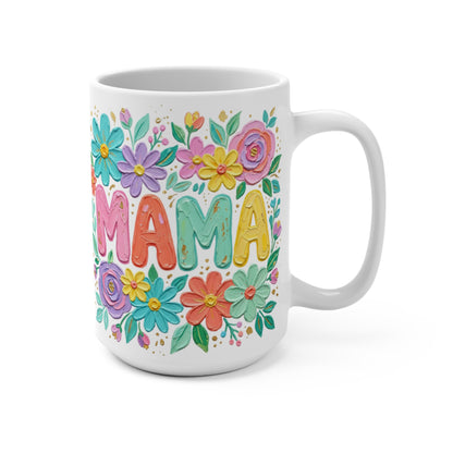 White mug with colorful floral "MAMA" text and raised flower design.