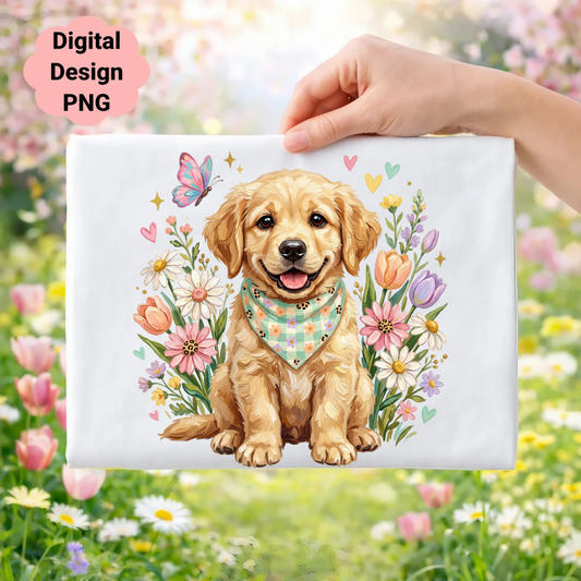 Golden retriever puppy with bandana surrounded by flowers and butterfly.