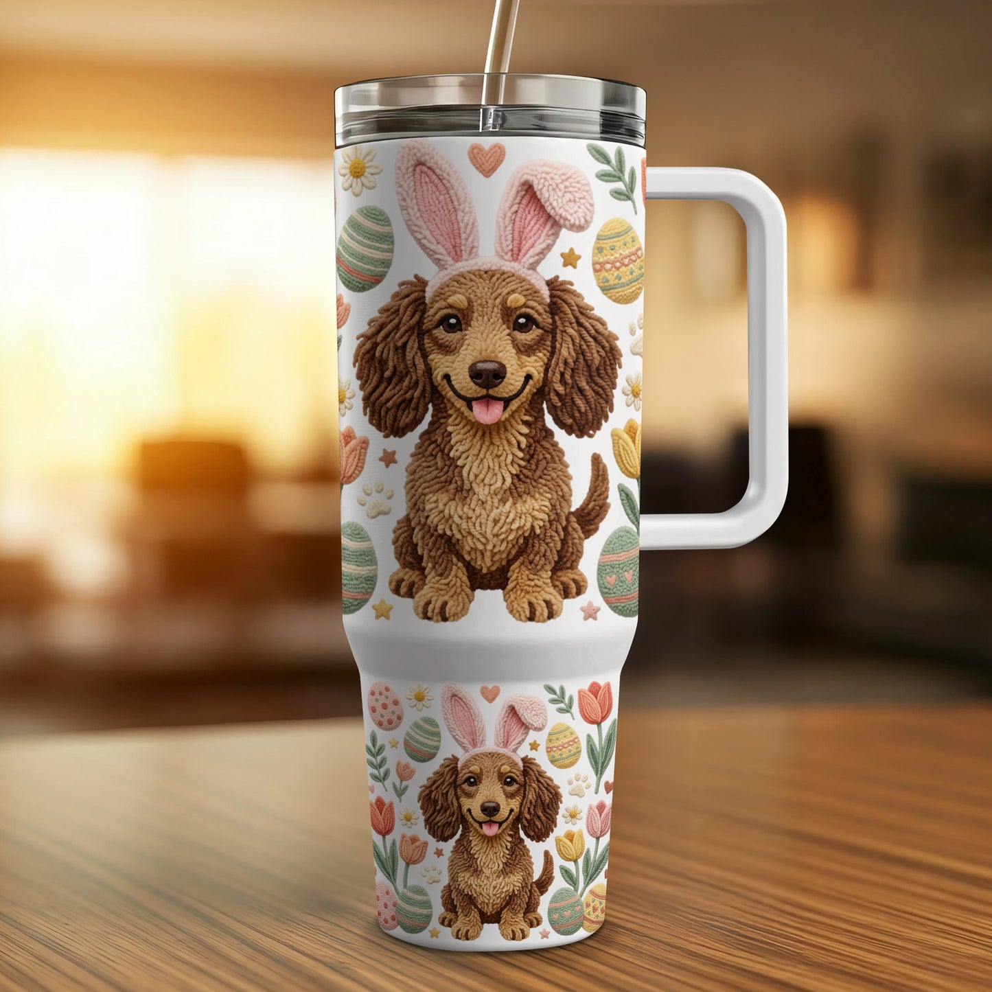 Dachshund wearing Easter bunny ears on a travel tumbler with Easter egg and tulip pattern.