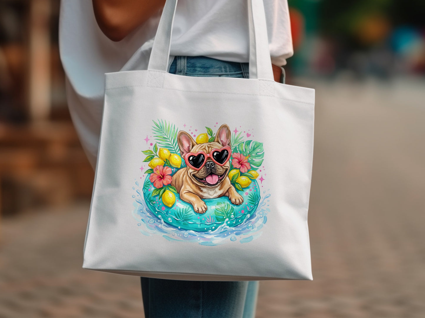 French bulldog wearing heart sunglasses on a pool float with tropical leaves.