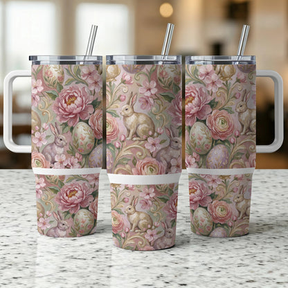 Three tall tumblers with a floral and Easter bunny pattern.