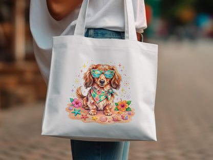 White tote bag with a cartoon dachshund wearing sunglasses on a beach.