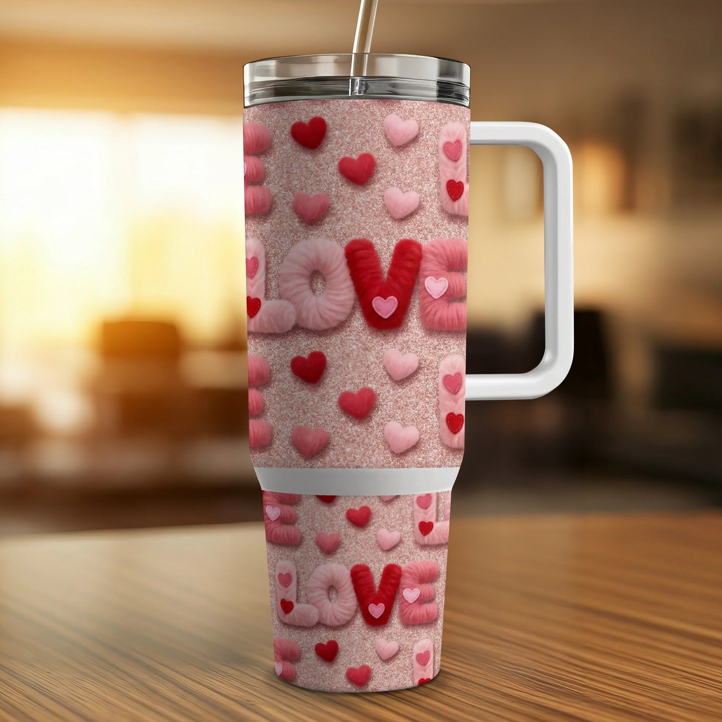 Pink glitter tumbler with "LOVE" text and heart details.