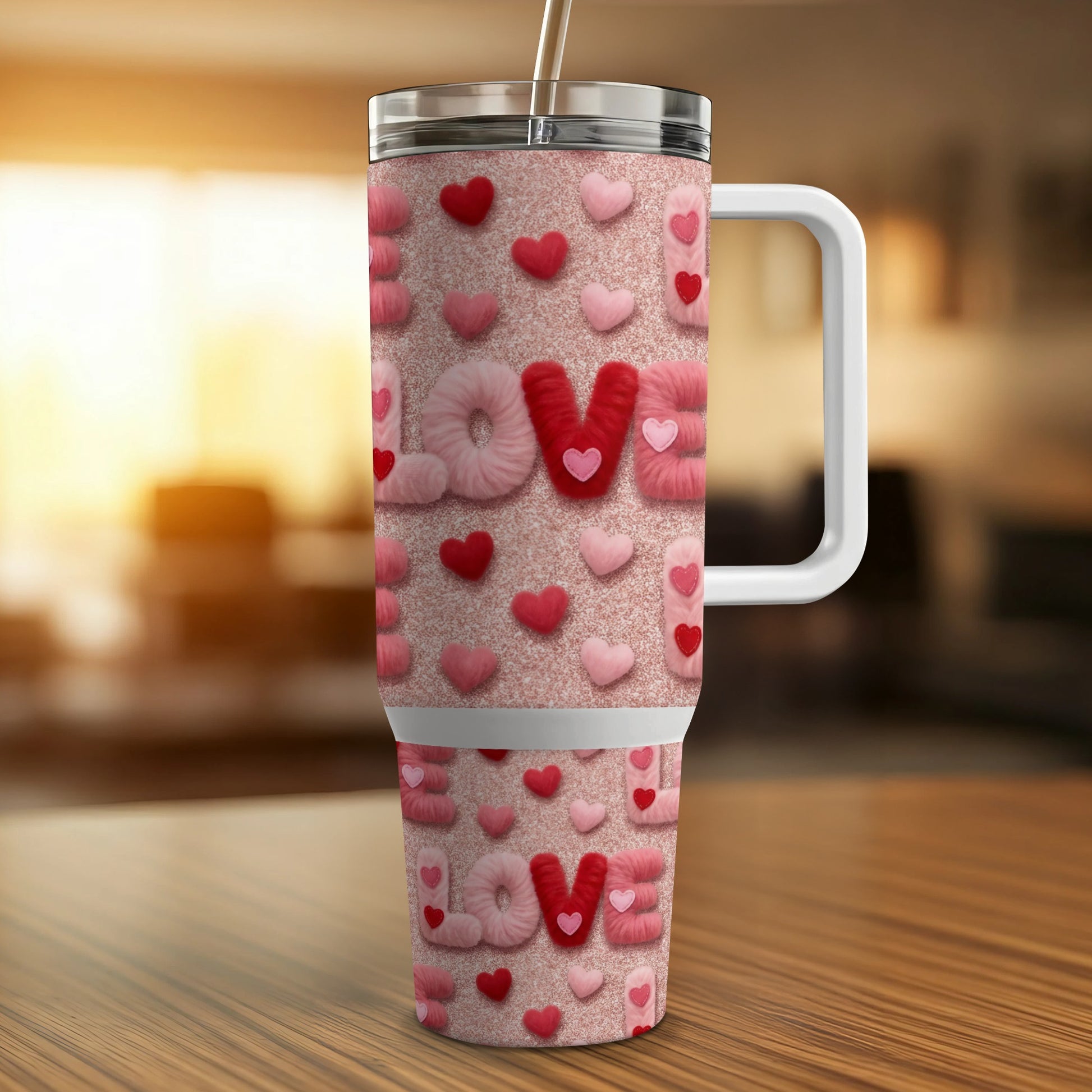 Pink glitter tumbler with "LOVE" text and heart details.