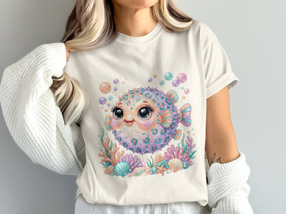 Cute pufferfish surrounded by seashells and colorful sea plants.