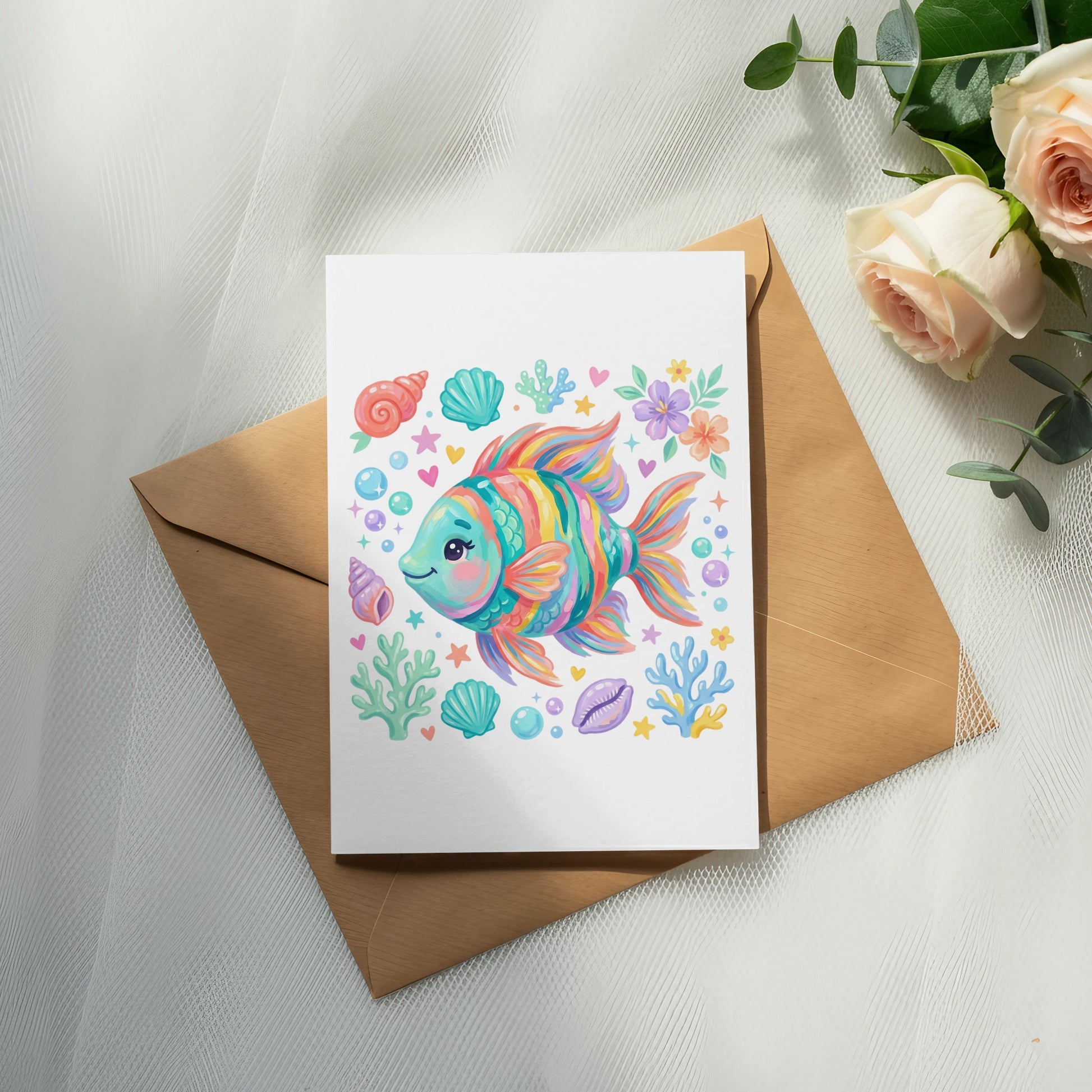 Colorful cartoon fish with seashells and coral on a greeting card.
