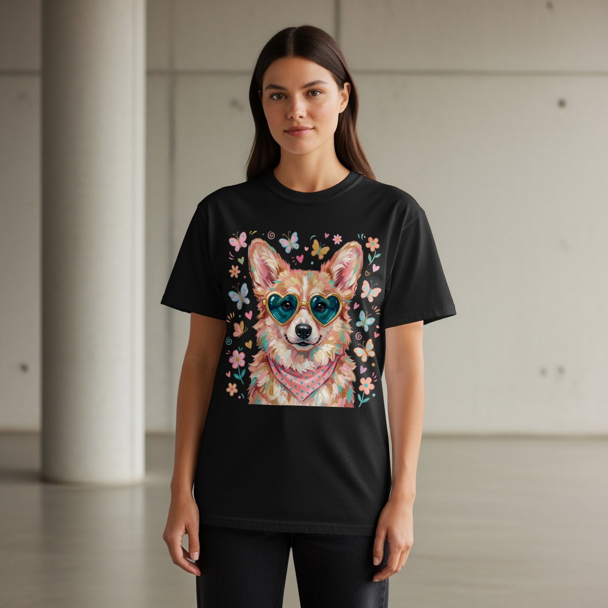 Black t-shirt with illustration of a corgi wearing heart sunglasses.