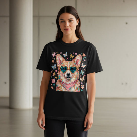 Black t-shirt with illustration of a corgi wearing heart sunglasses.