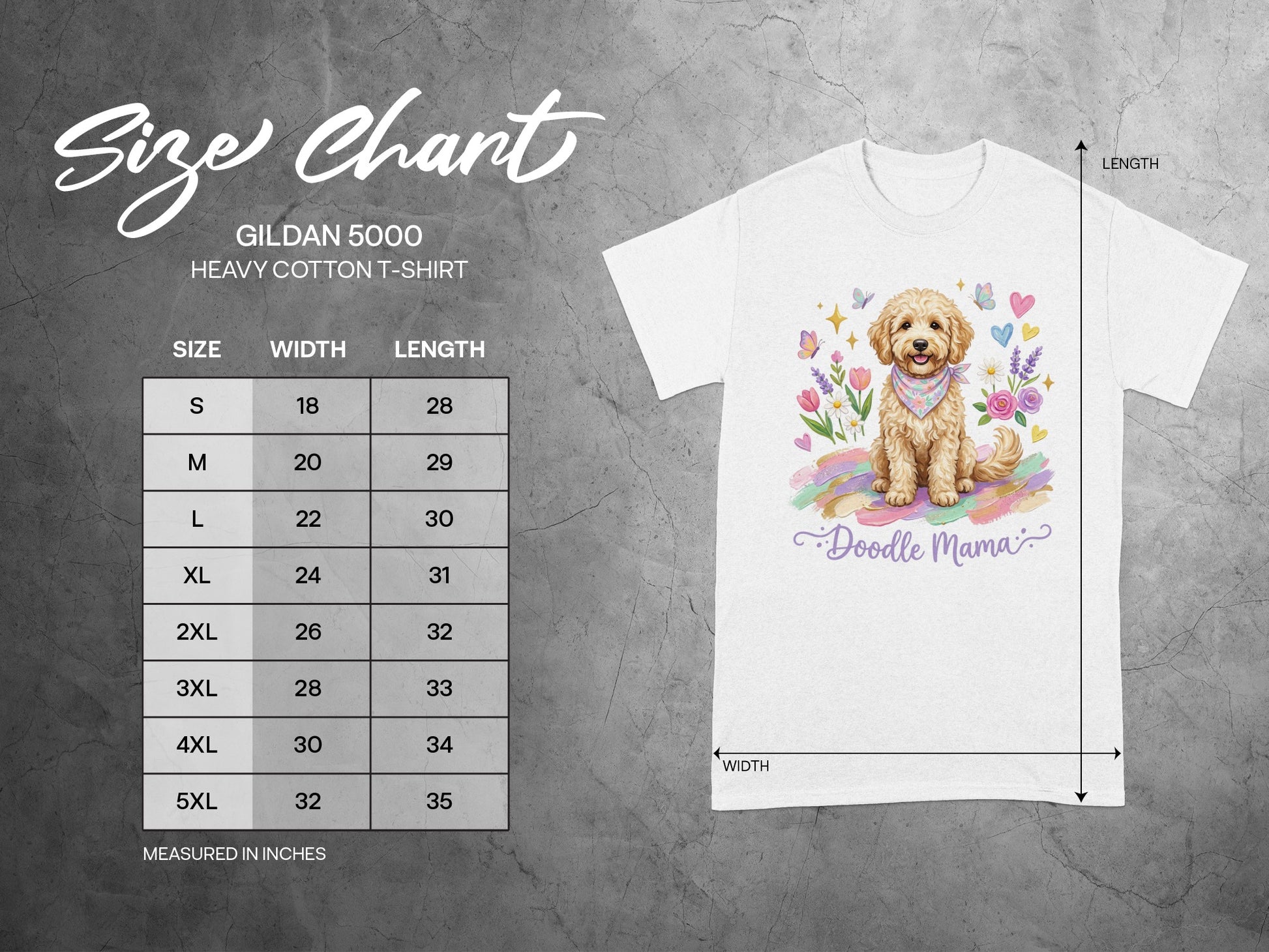 Gildan 5000 Heavy Cotton T-shirt size chart with "Doodle Mama" graphic.