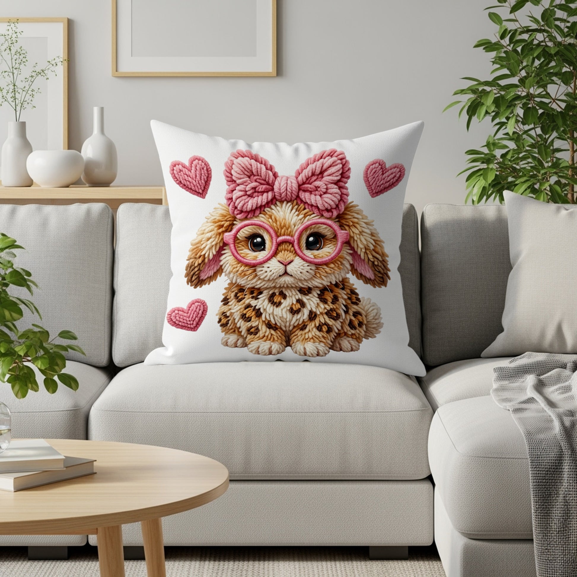 Fluffy puppy with pink bow and glasses on a pillow.