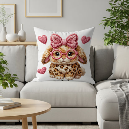 Fluffy puppy with pink bow and glasses on a pillow.
