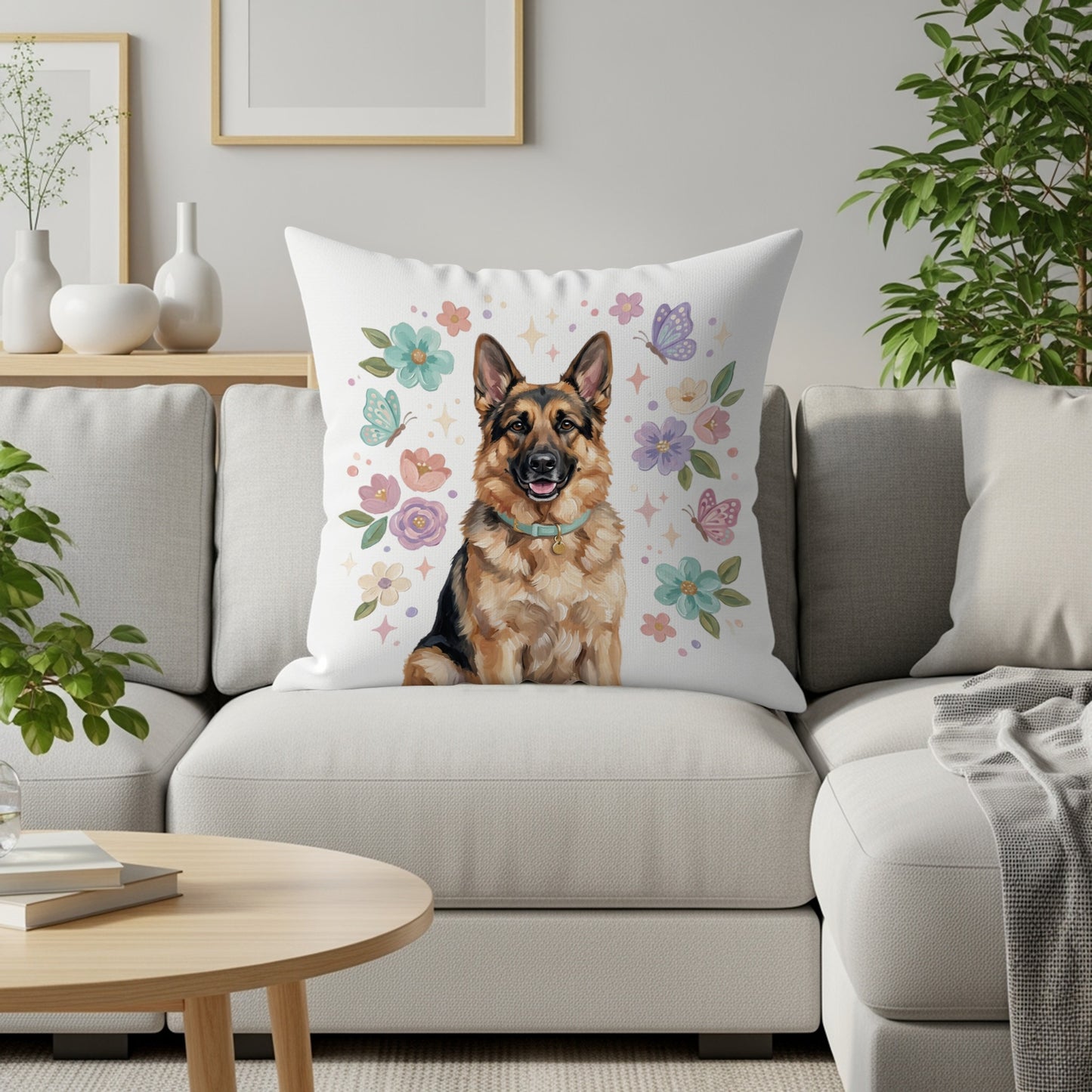 German Shepherd dog sitting on a couch with floral and butterfly pattern.