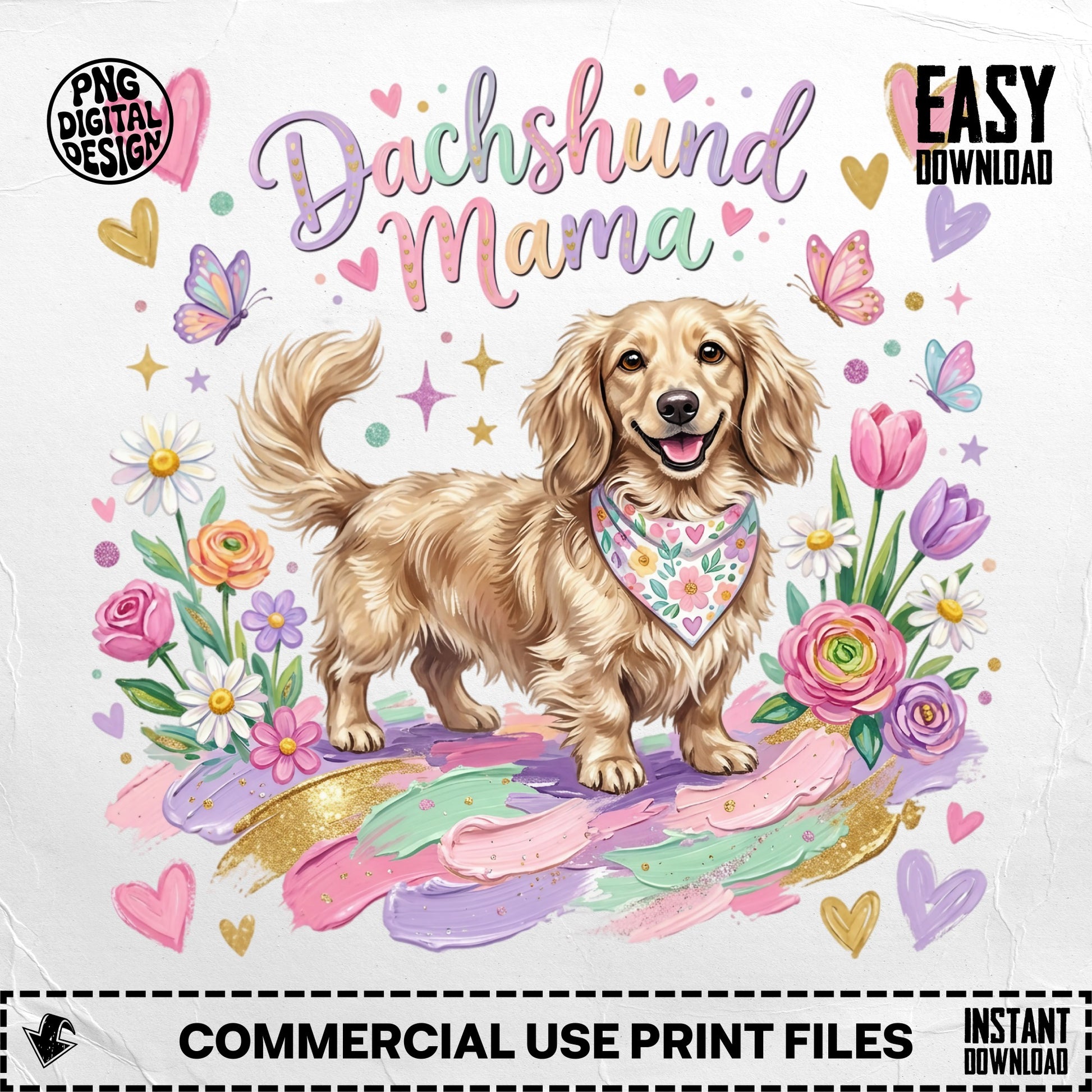 Dachshund mama with flowers and hearts, digital art print.