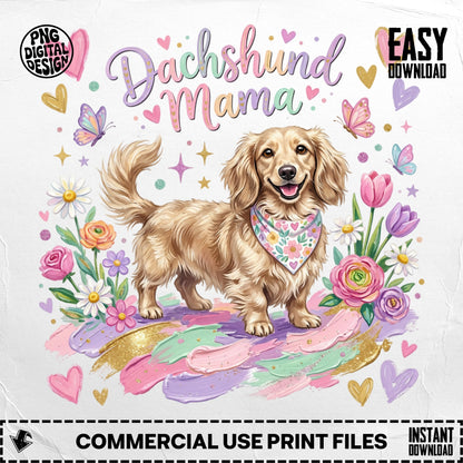 Dachshund mama with flowers and hearts, digital art print.