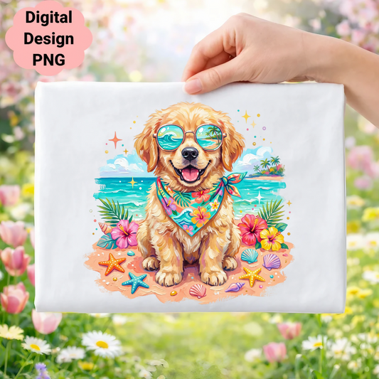 Golden retriever wearing sunglasses and bandana on beach with flowers.