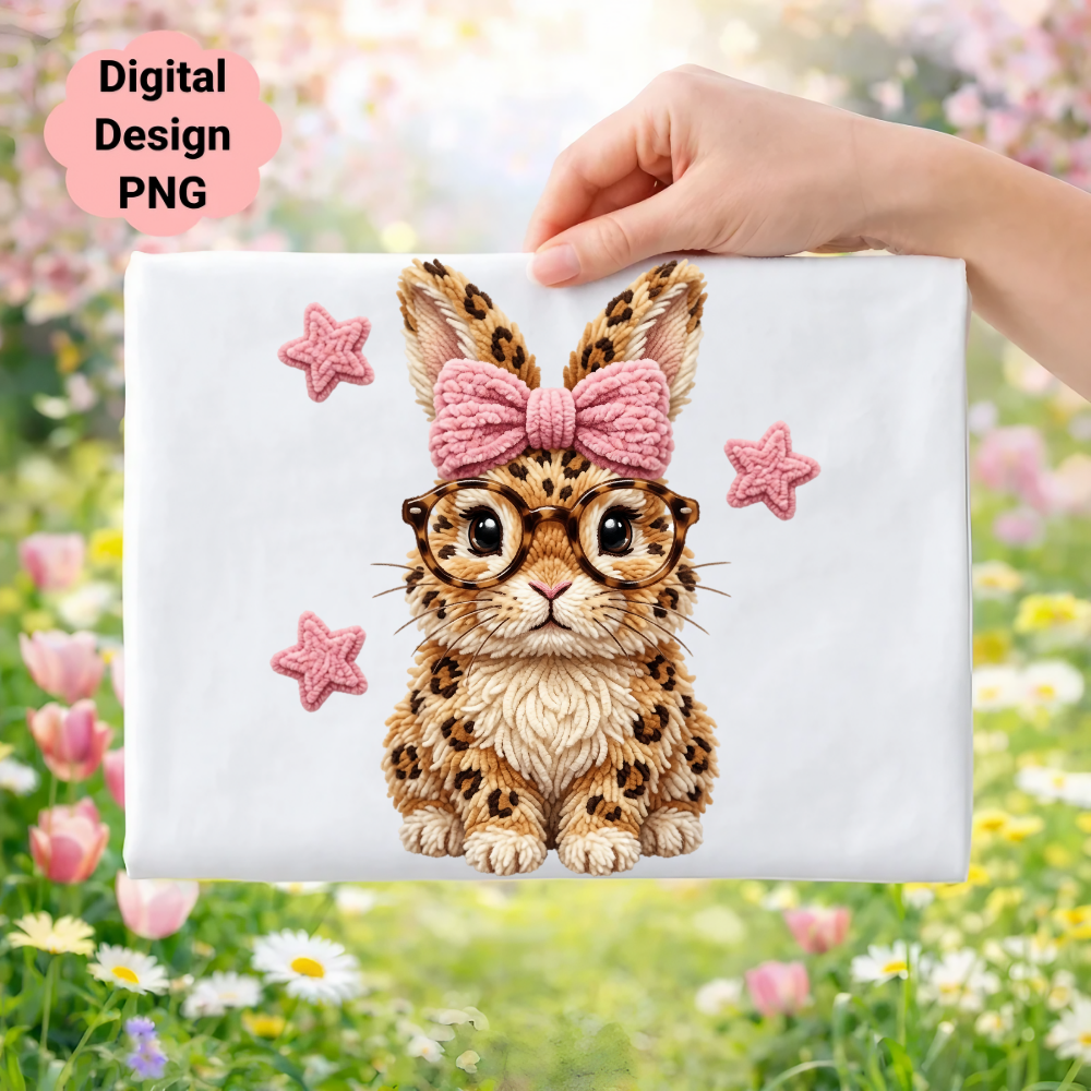 Leopard print bunny with glasses and bow tie, surrounded by stars.