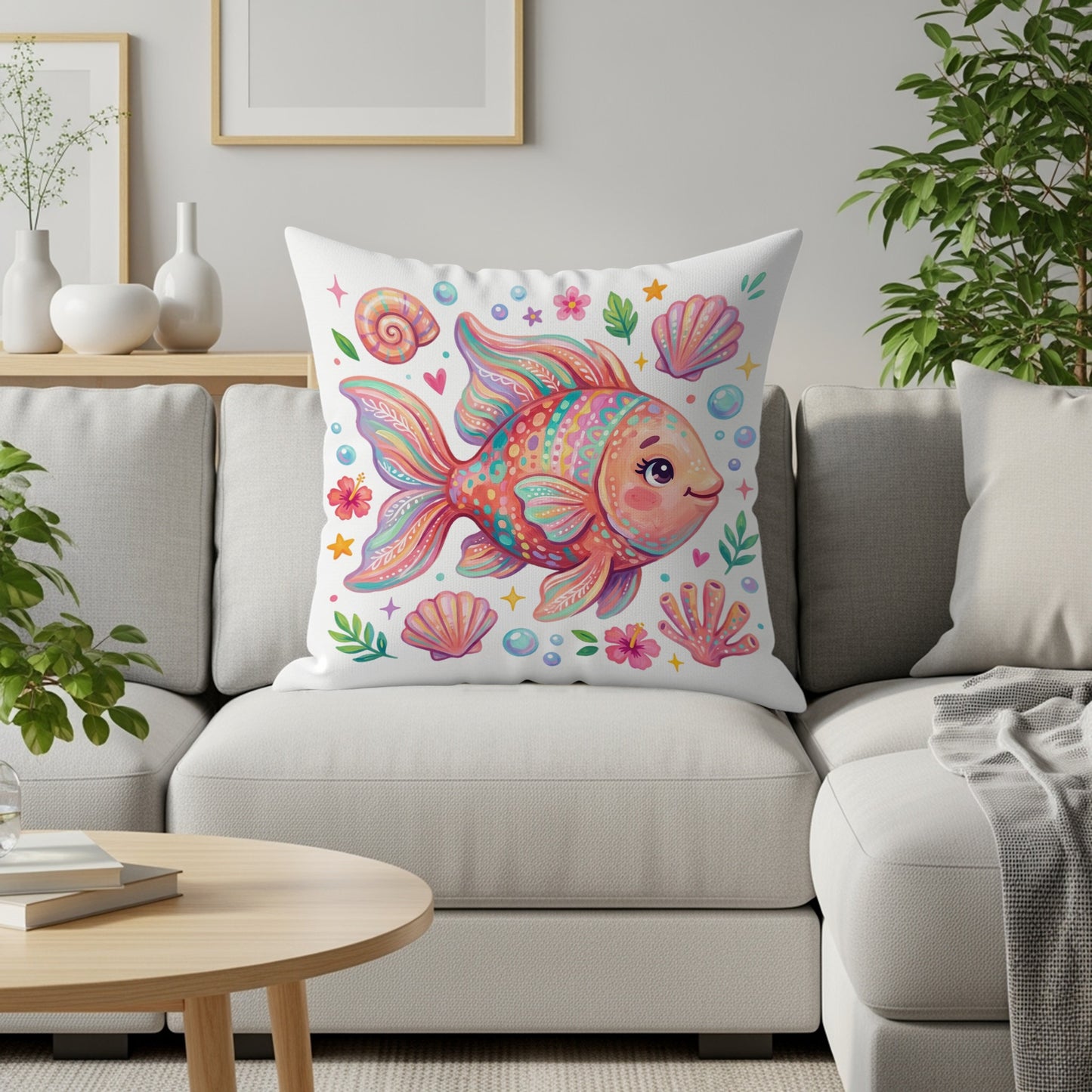 Colorful cartoon fish and seashells adorn a decorative pillow on a sofa.