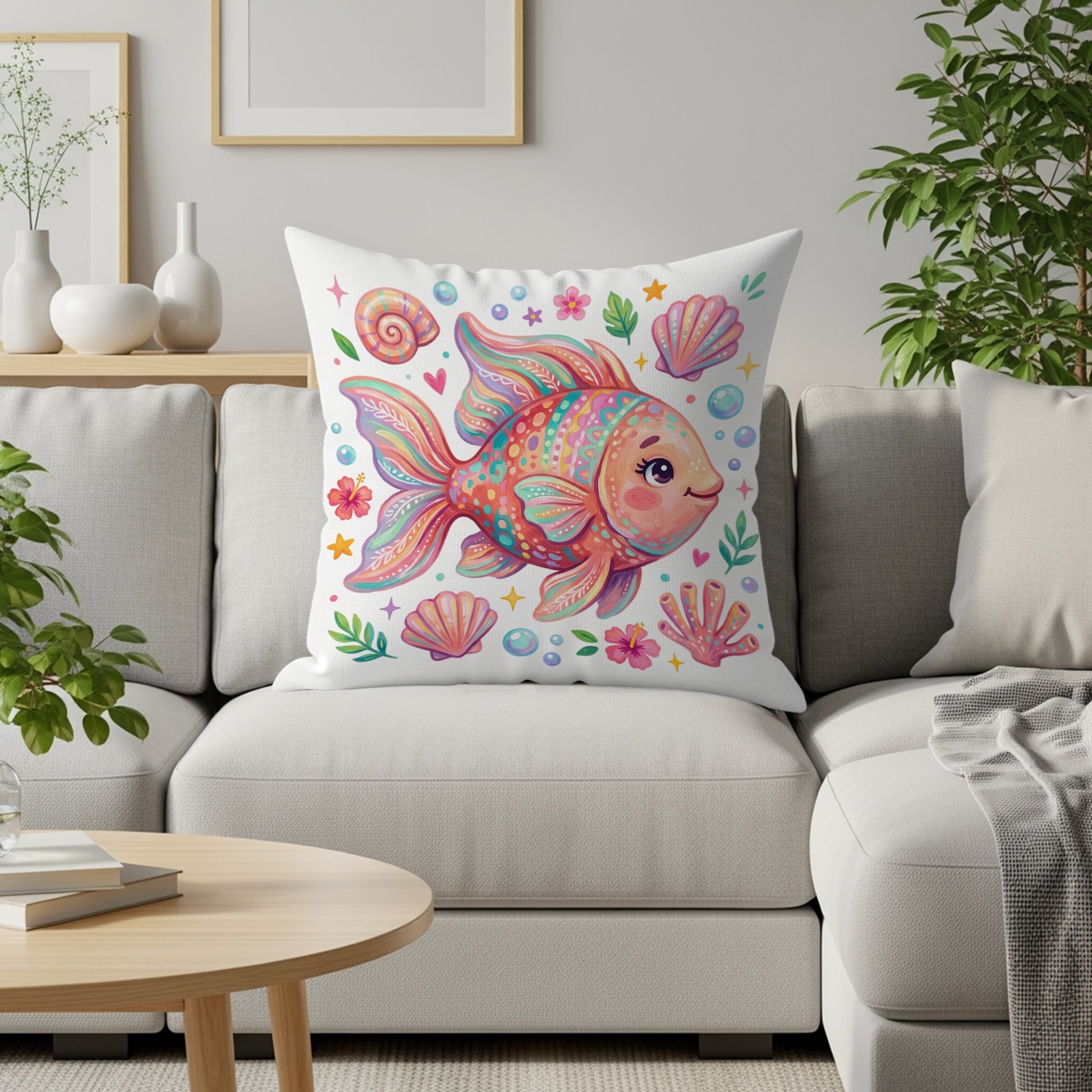 Colorful cartoon fish and seashells adorn a decorative pillow on a sofa.