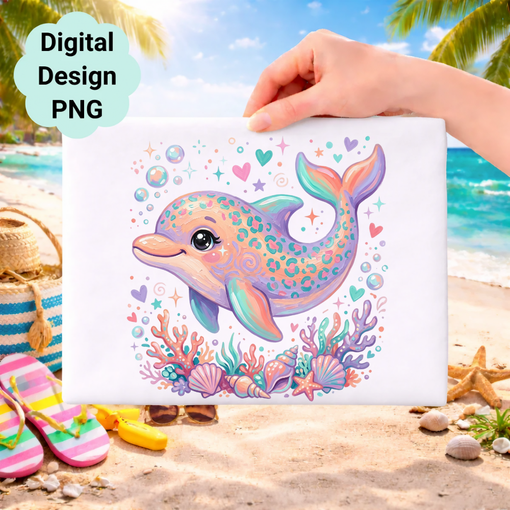 Whimsical cartoon dolphin with coral, seashells, and bubbles on a beach background.