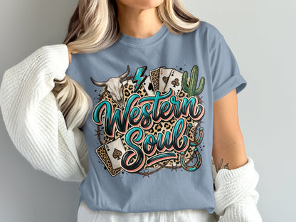 Western Soul text with skull, cactus, cards, horseshoe, and leopard print.