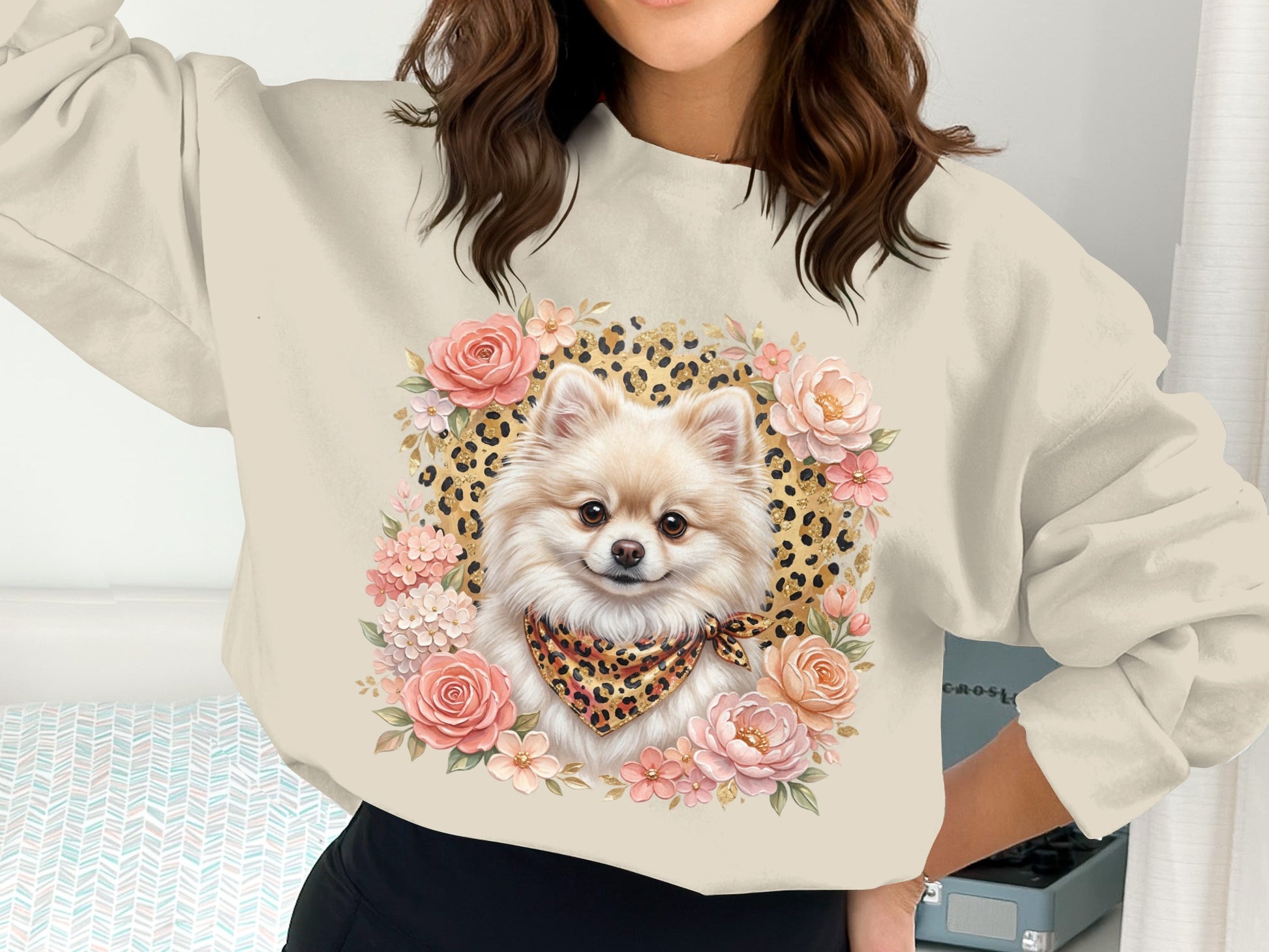 Pomeranian dog in floral wreath with leopard print bandana.