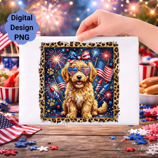 Golden doodle wearing heart sunglasses with American flags and fireworks.