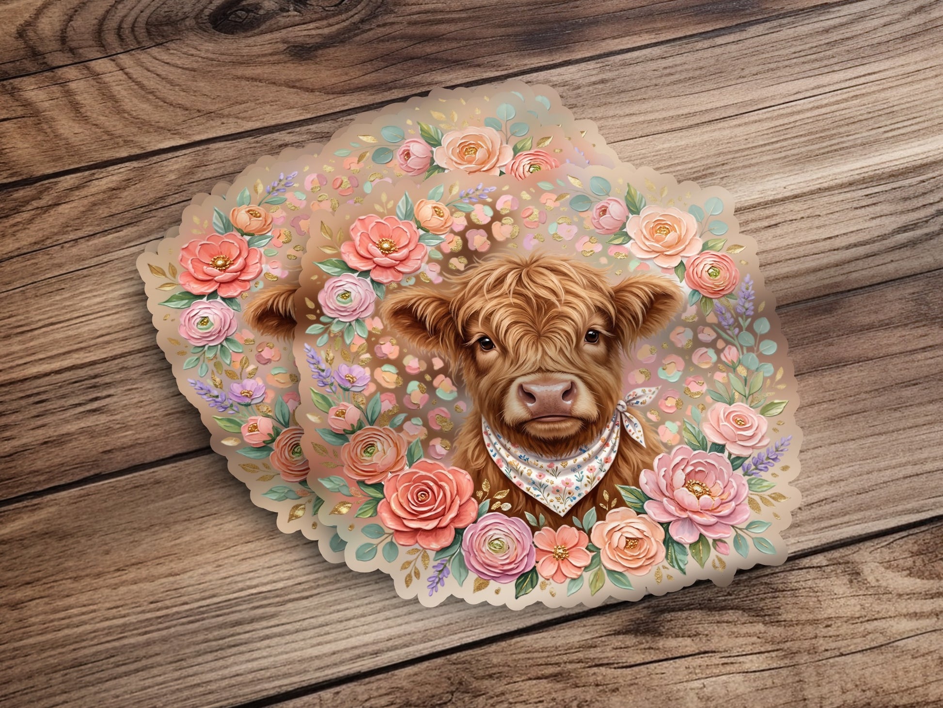 Fluffy brown cow with floral wreath and patterned bandana.