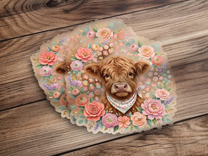 Fluffy brown cow with floral wreath and patterned bandana.