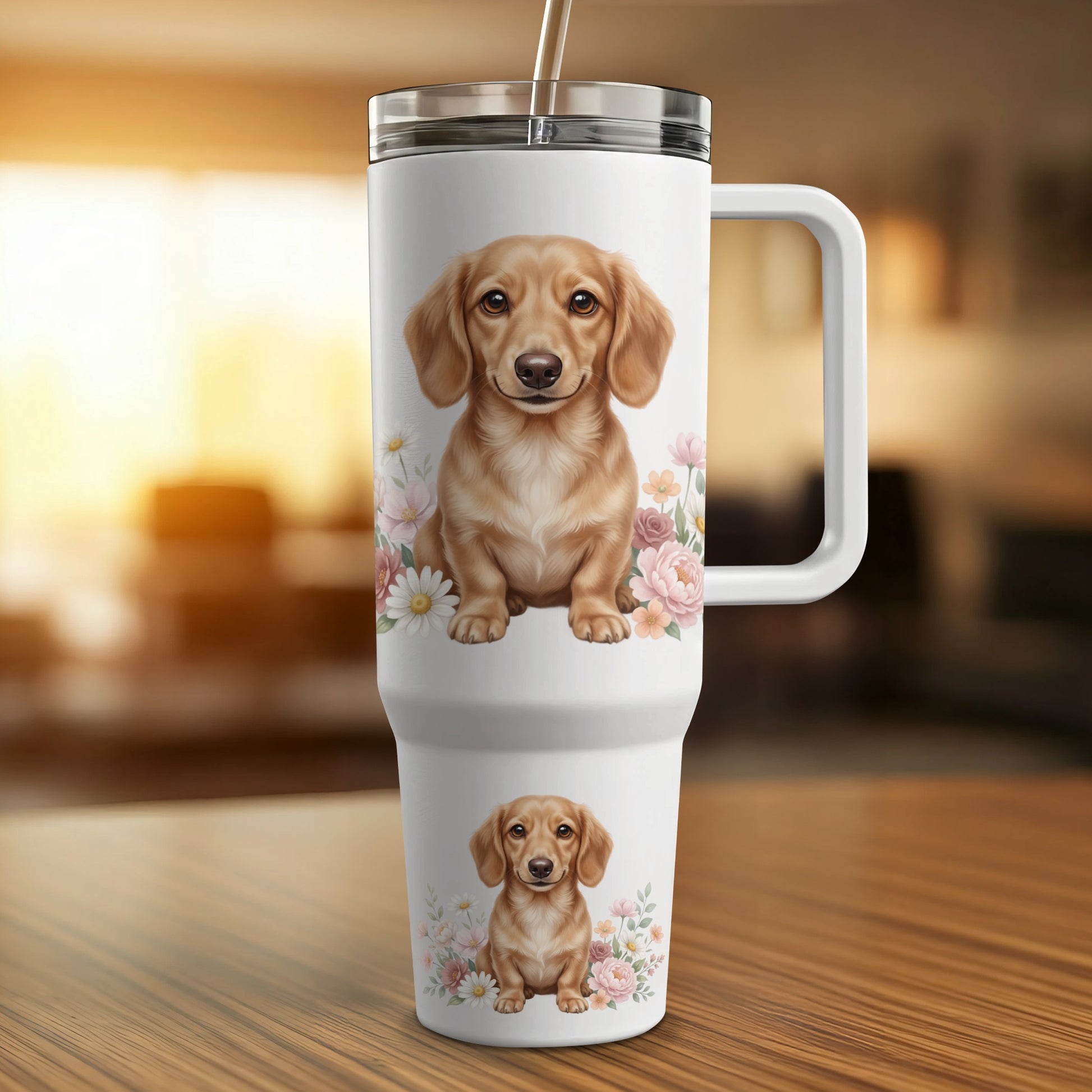 White tumbler with dachshund and floral design.
