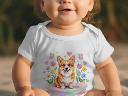 Baby wearing a white onesie with a corgi and flowers graphic.