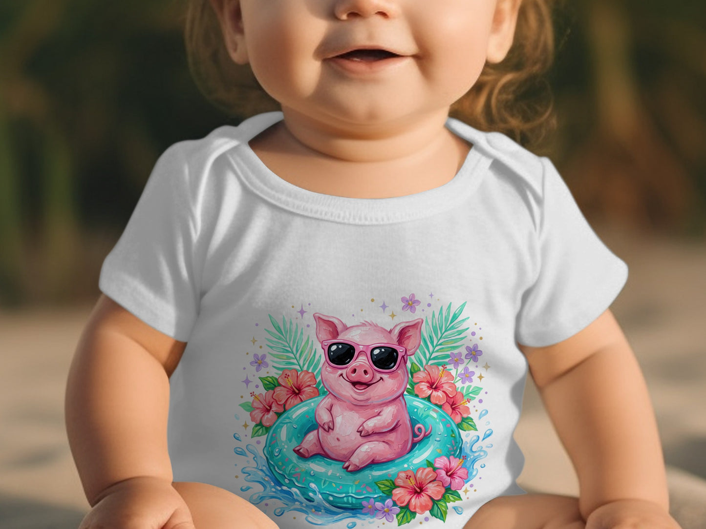 Baby in a white onesie with a cartoon pig in a float graphic.