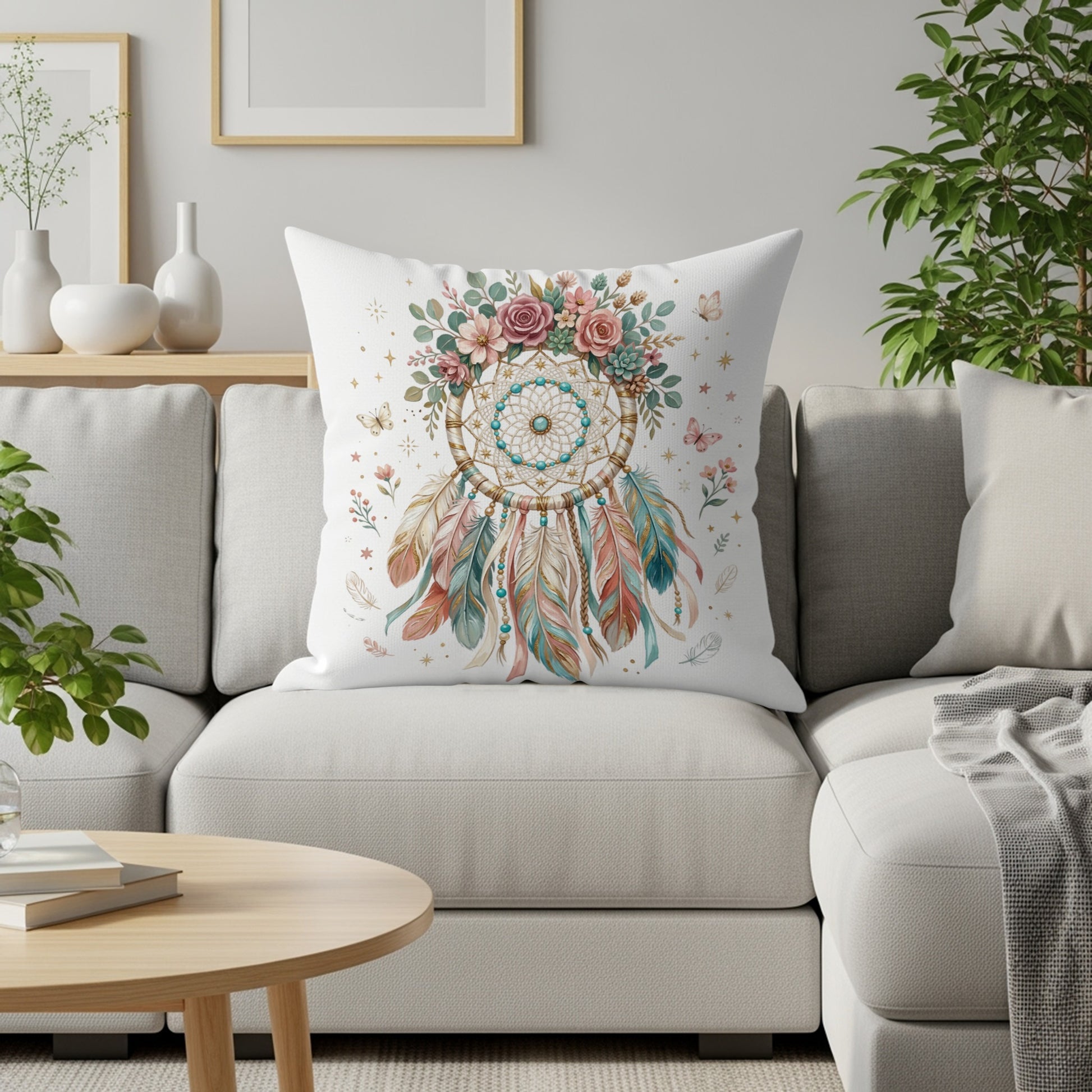 Decorative pillow with dreamcatcher floral design and feathers.