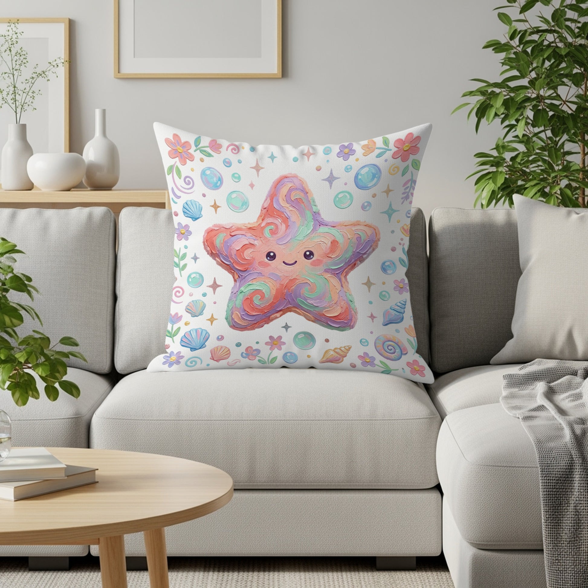 Colorful cartoon starfish pillow with seashells and bubbles on a couch.