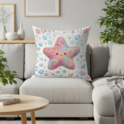 Colorful cartoon starfish pillow with seashells and bubbles on a couch.