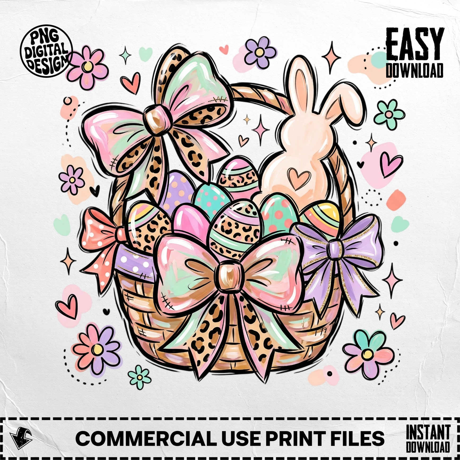 Easter basket with colorful eggs, bows, and a bunny, featuring "Commercial Use Print Files".