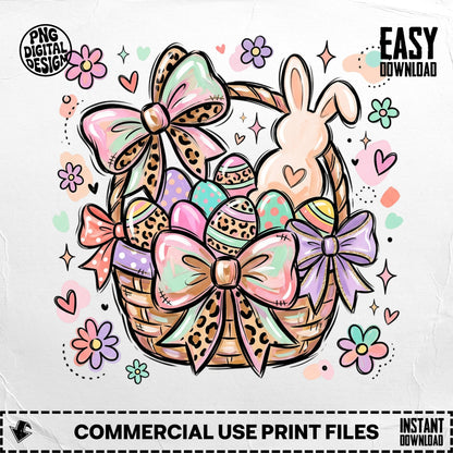 Easter basket with colorful eggs, bows, and a bunny, featuring "Commercial Use Print Files".