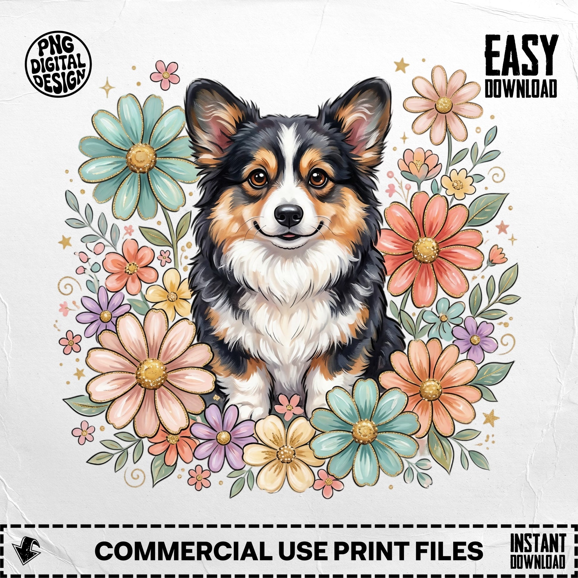 Pembroke Welsh Corgi surrounded by colorful flowers, with "EASY DOWNLOAD" text.