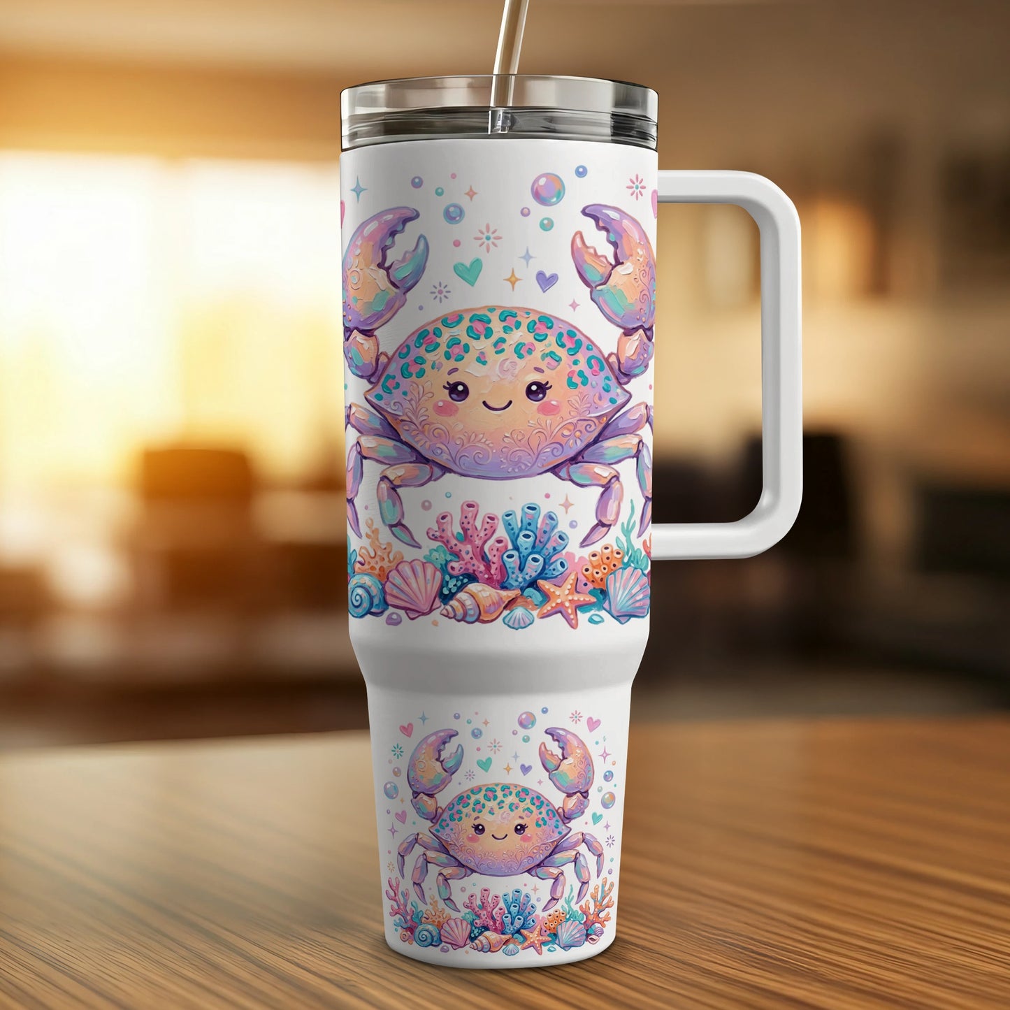 White tumbler with smiling cartoon crabs and ocean coral designs.