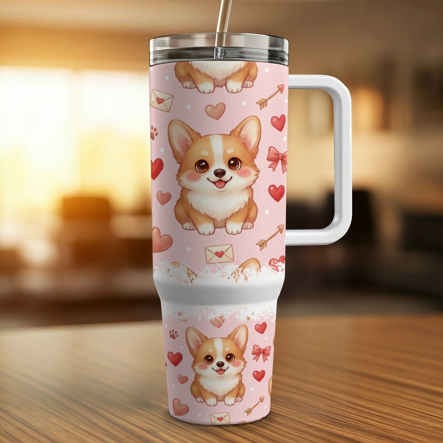 Pink tumbler with cute corgi dogs and hearts pattern.