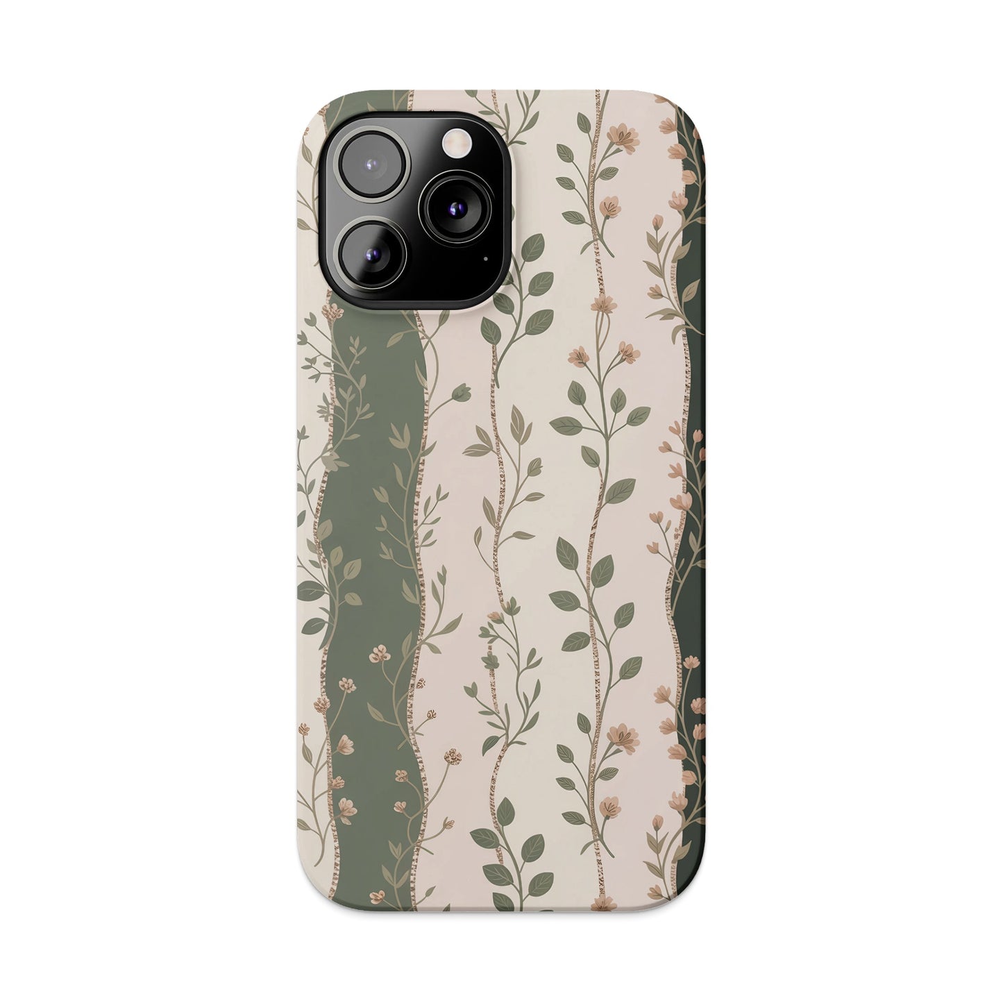 iPhone 14 Pro case with a vertical floral stripe pattern in green and beige.