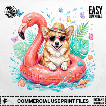 Corgi in flamingo float wearing sunglasses, surrounded by seashells and butterflies.