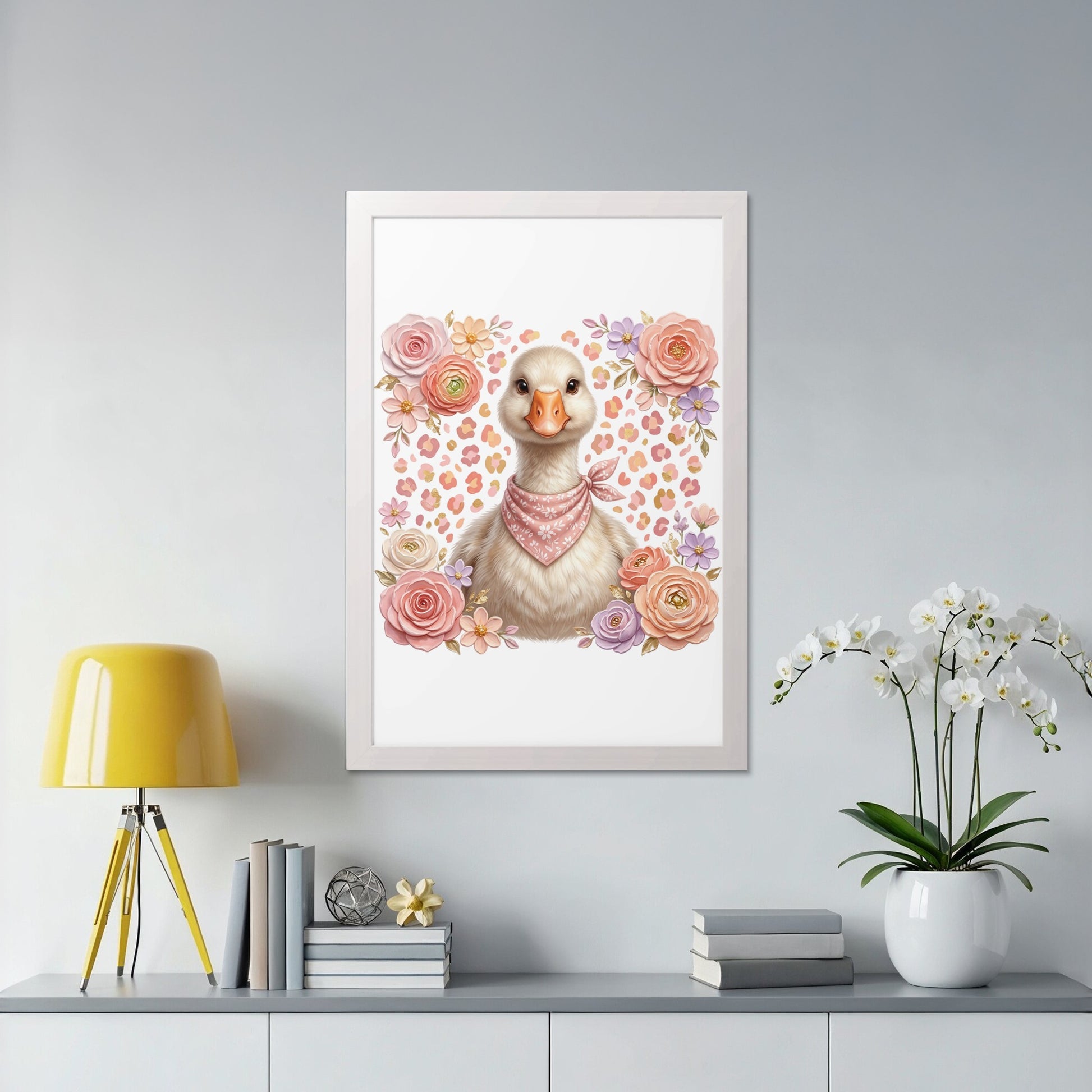 Framed illustration of a duck wearing a bandana, surrounded by flowers.