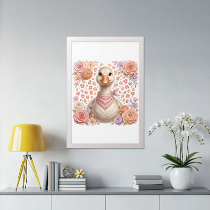 Framed illustration of a duck wearing a bandana, surrounded by flowers.