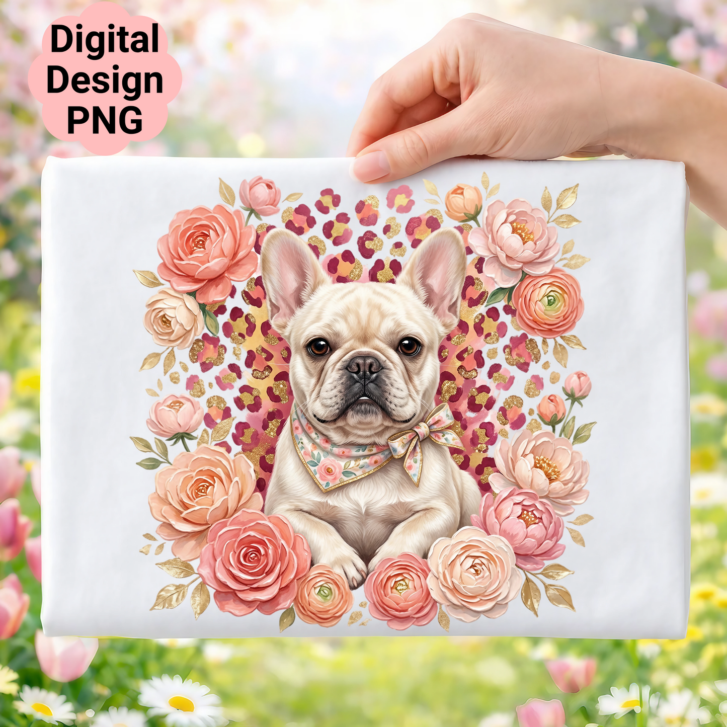 French bulldog in floral wreath with leopard print background and "Digital Design PNG" text.