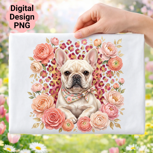 French bulldog in floral wreath with leopard print background and "Digital Design PNG" text.
